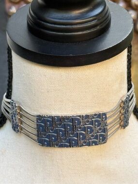 Vintage Christian Dior Trotter Plate Multi-Strand Choker Necklace Silver/Blue